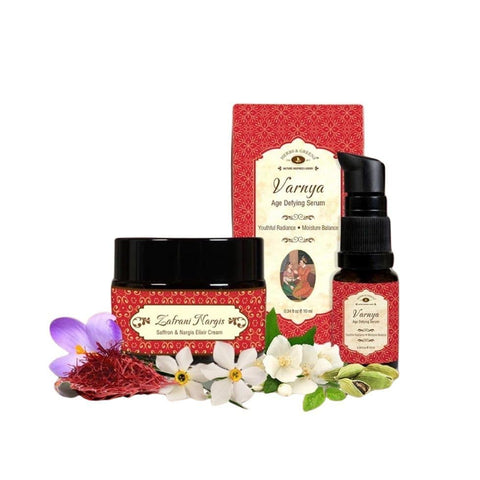 Herbs & Greens Anti Aging Skin Brightening Money Saver Combo | Zafrani Elixir Cream & Facial Kumkumadi Serum Oil