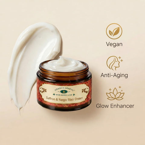 Herbs & Greens Anti Aging Skin Brightening Money Saver Combo | Zafrani Elixir Cream & Facial Kumkumadi Serum Oil