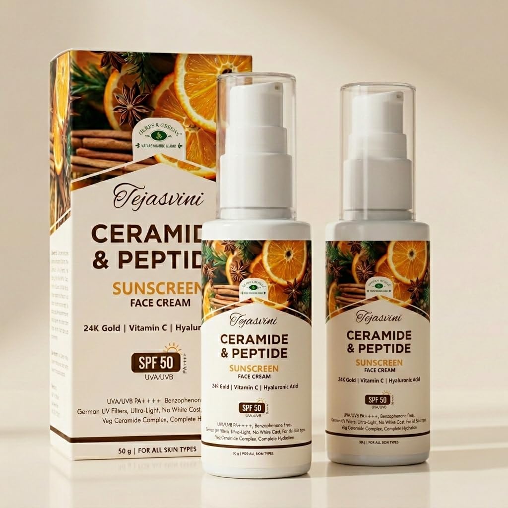 {Pack Of 2) Herbs & Greens 6 in 1 Ceramide & Peptides Tinted Face Cream With Sunscreen SPF 50 PA++++ UVA/UVB, Vitamin C, Hyaluronic Acid, 24K Gold