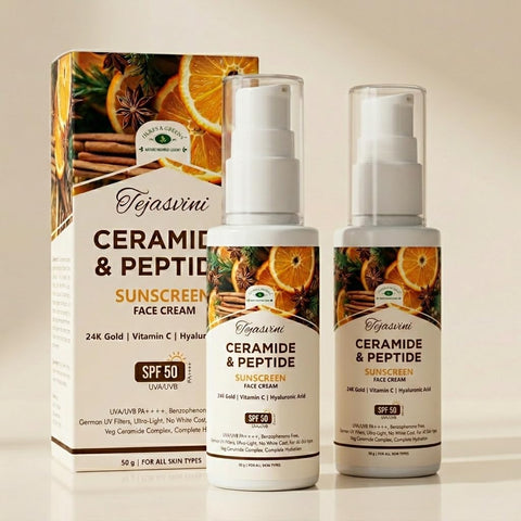 {Pack Of 2) Herbs & Greens 6 in 1 Ceramide & Peptides Tinted Face Cream With Sunscreen SPF 50 PA++++ UVA/UVB, Vitamin C, Hyaluronic Acid, 24K Gold