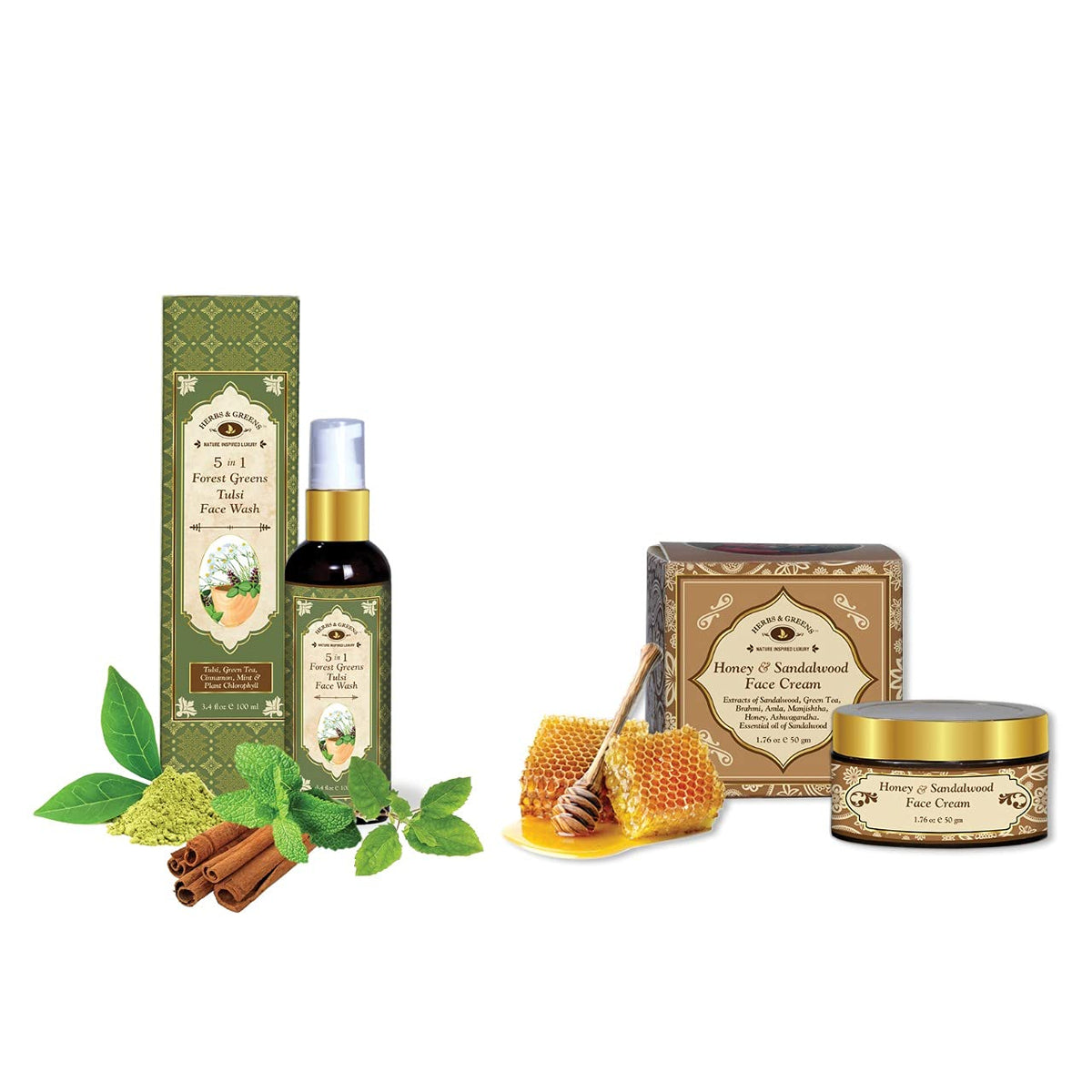 Money Saver Combo Herbs & Greens Brightening Anti Aging Honey & Sandalwood Face Cream & Forest Greens Tulsi Face Wash