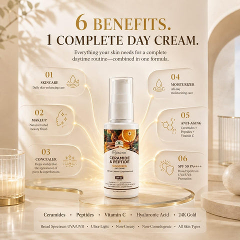 {Pack Of 2) Herbs & Greens 6 in 1 Ceramide & Peptides Tinted Face Cream With Sunscreen SPF 50 PA++++ UVA/UVB, Vitamin C, Hyaluronic Acid, 24K Gold