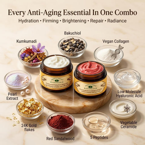 Money Saver Anti Aging Combo | Herbs & Greens Kumkumadi Red Sandalwood Gold Face Cream With Vegan Collagen