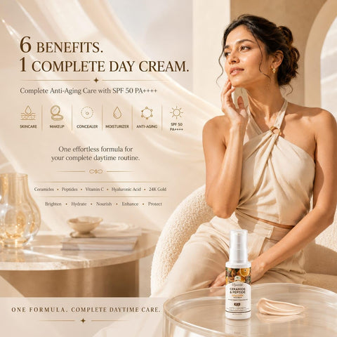 {Pack Of 2) Herbs & Greens 6 in 1 Ceramide & Peptides Tinted Face Cream With Sunscreen SPF 50 PA++++ UVA/UVB, Vitamin C, Hyaluronic Acid, 24K Gold