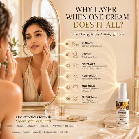 {Pack Of 2) Herbs & Greens 6 in 1 Ceramide & Peptides Tinted Face Cream With Sunscreen SPF 50 PA++++ UVA/UVB, Vitamin C, Hyaluronic Acid, 24K Gold