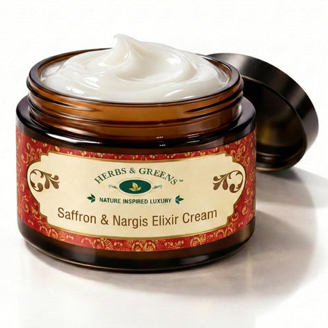 Herbs & Greens Anti Aging Skin Brightening Money Saver Combo | Zafrani Elixir Cream & Facial Kumkumadi Serum Oil