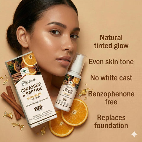 {Pack Of 2) Herbs & Greens 6 in 1 Ceramide & Peptides Tinted Face Cream With Sunscreen SPF 50 PA++++ UVA/UVB, Vitamin C, Hyaluronic Acid, 24K Gold