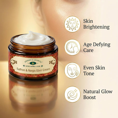 Herbs & Greens Anti Aging Skin Brightening Money Saver Combo | Zafrani Elixir Cream & Facial Kumkumadi Serum Oil