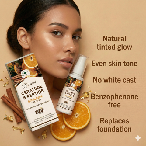 Ceramide & Peptide SPF 50 PA++++ UVA/UVB Tinted Sunscreen Face Cream For Face & Neck (Unisex/Dry/Oily/Combination) Skin