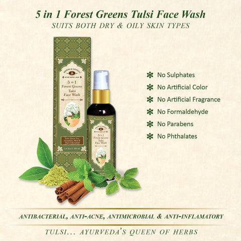 5 in 1 Skin Brightening Forest Greens Tulsi Face Wash, 100 Ml (Unisex/Day & Night/All Skin)