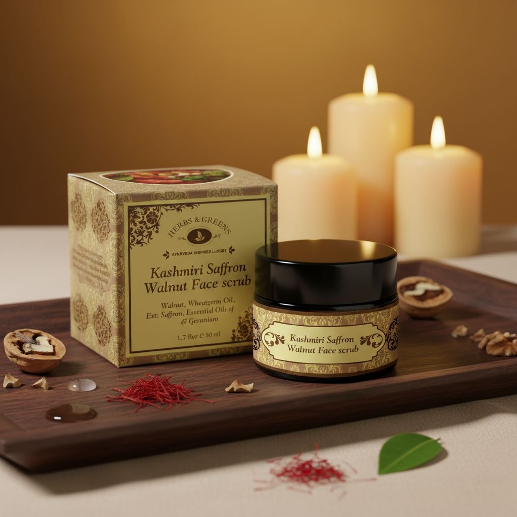 Herbs & Greens Face Brightening Kashmiri Saffron Walnut Scrub | Saffron, Rose, Milk Protein & Wheatgerm | Dead Skin Exfoliation, Glowing Skin & Tan Removal